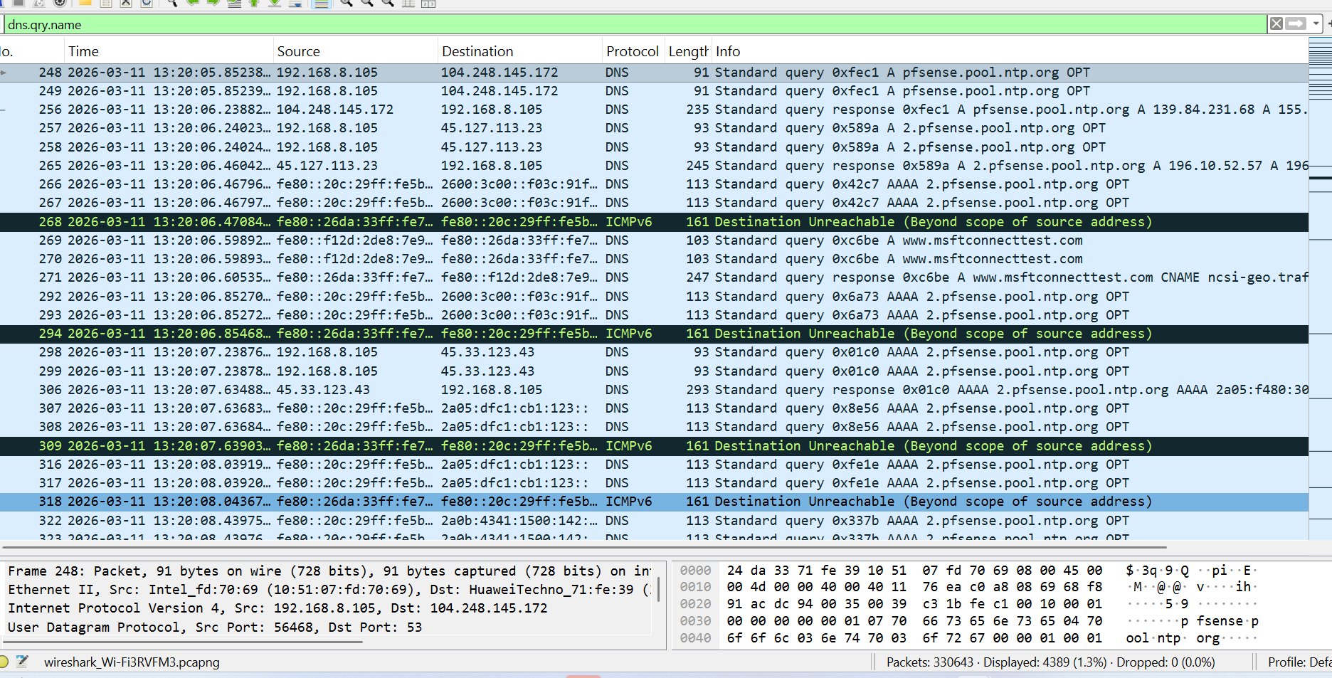 Wireshark screenshot of DNS queries and responses for google.com