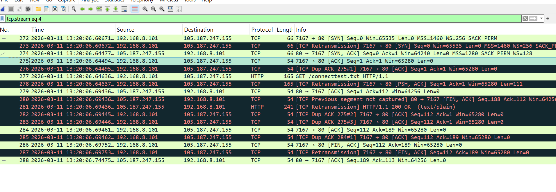 Wireshark screenshot of TCP three-way handshake (SYN, SYN-ACK, ACK)