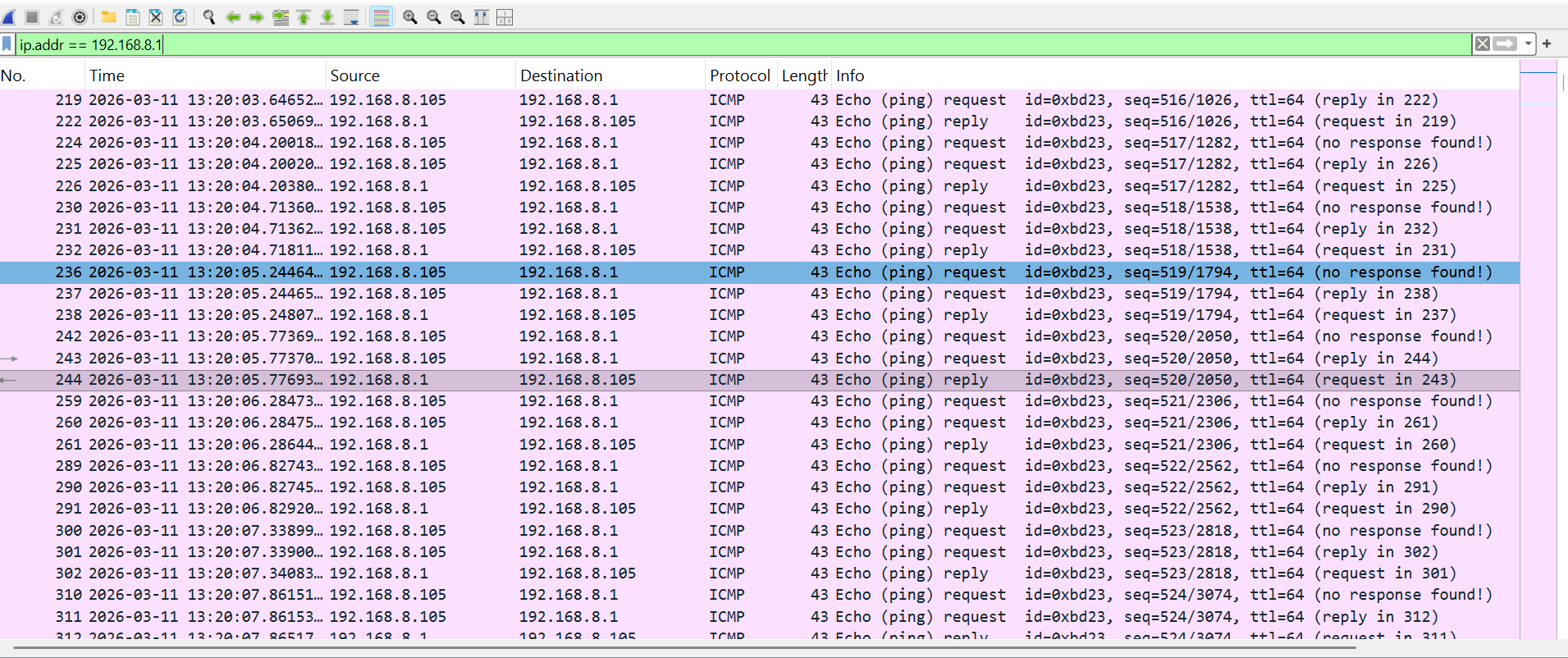 Wireshark screenshot of ICMP ping requests and replies